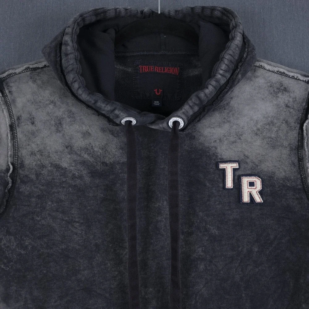 True Religion Distressed‎ Hoodie Mens Medium Gray Pullover Sweatshirt Grunge Y2K